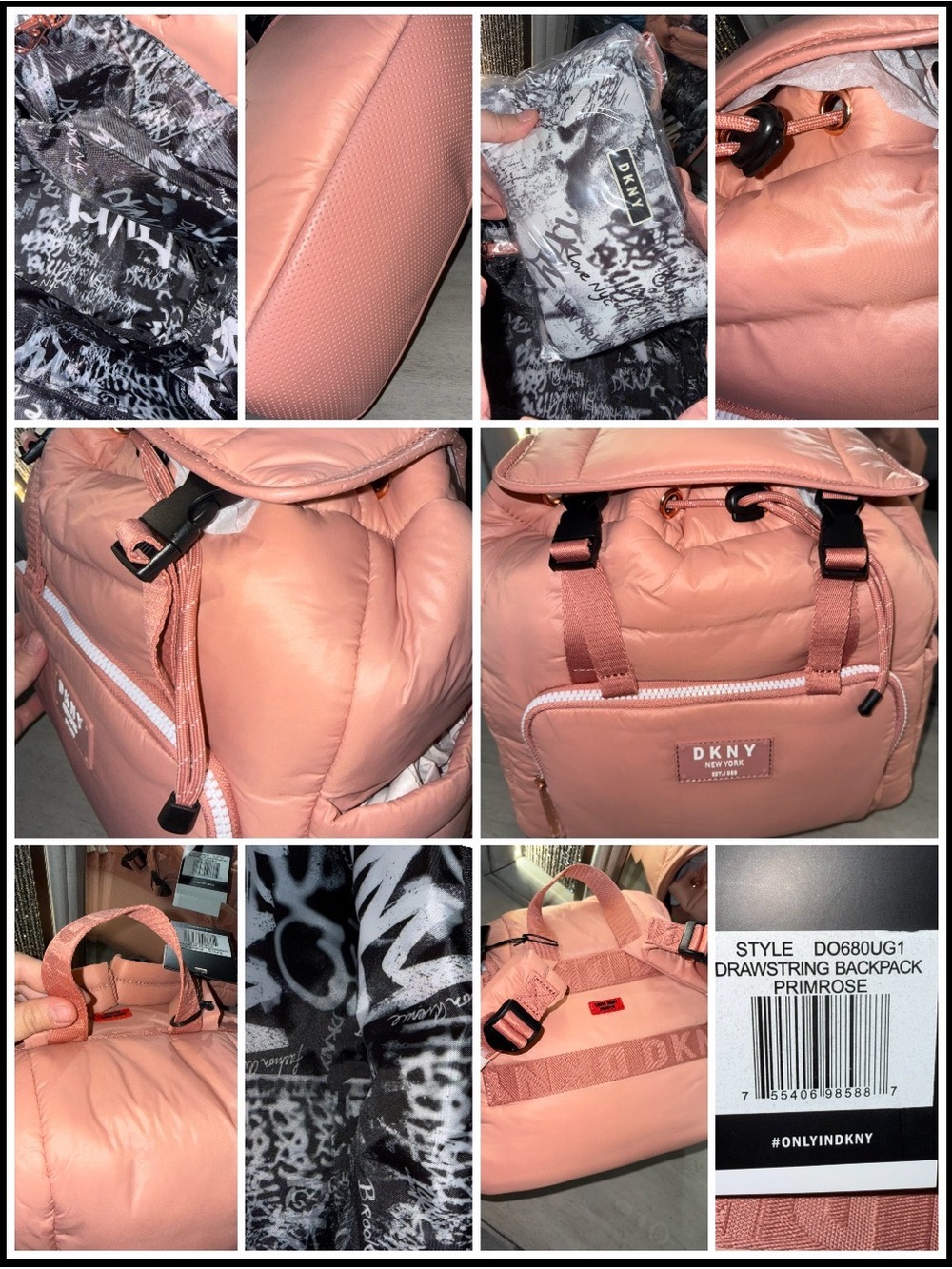 DKNY Primrose Pink Quilted Drawstring Backpack